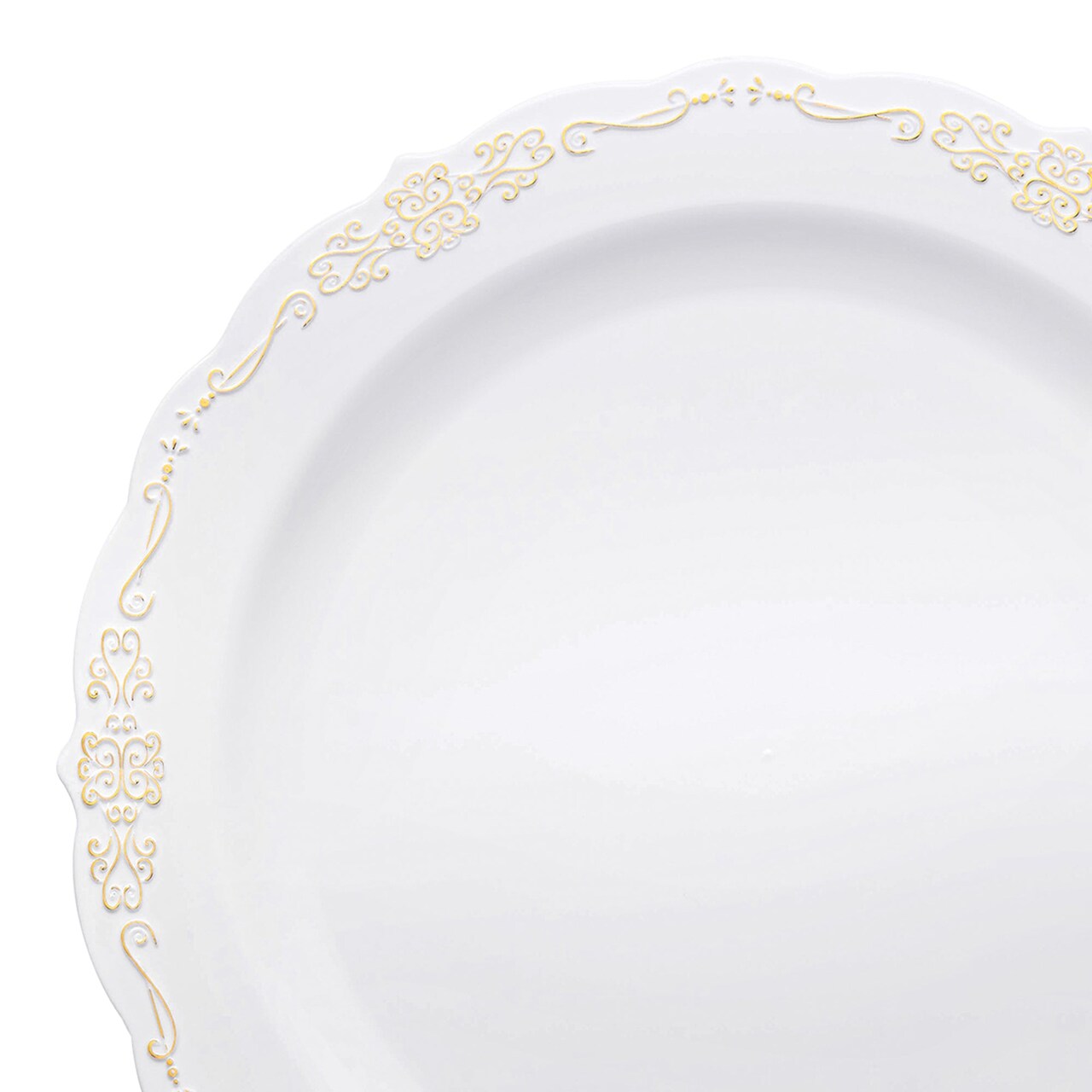 White with Gold Vintage Rim Round Disposable Plastic Dinner Plates - 10" (120 Plates)